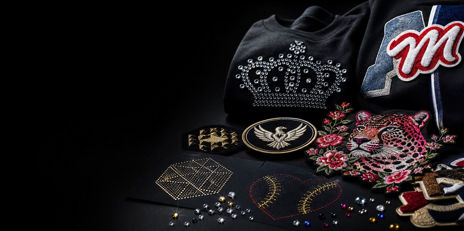 Custom rhinestone transfers, patches and heat transfer product examples